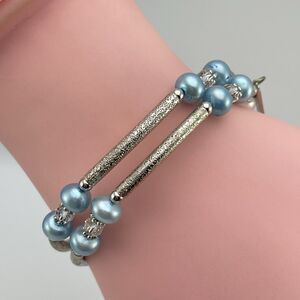 Vantel Pearls Silver Tone Blue Pearl Memory Wire Bracelet Cute Beaded Stunning